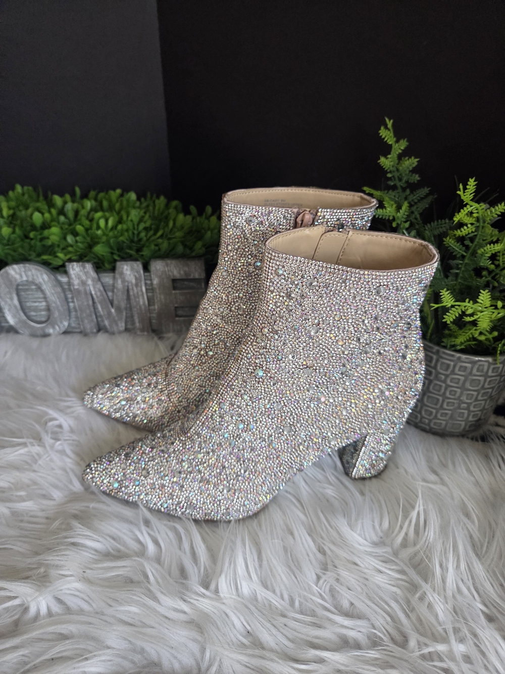 Betsey Johnson Iridescent Crystal Embellished Ankle Booties - Silver. Size 8